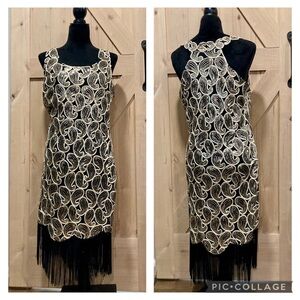 Black and Gold Sleeveless Sheath Dress Fringe Paisley Sequins